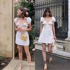 With Jean Audrey Dress - White Floral Print Milkmaid Style Cotton Mini Dress, XS